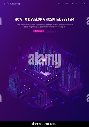 Smart city hospital system isometric landing page. Futuristic medicine technologies, clinic network in smartcity with neon glow skyscrapers, health care infrastructure development 3d vector web banner Stock Vector