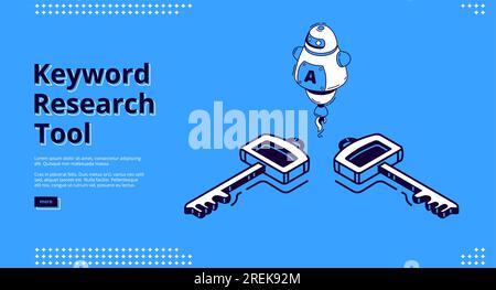 Keyword research tool banner with isometric icons on blue background. Vector landing page of SEO optimization service with line art robot, chatbot with artificial intelligence Stock Vector