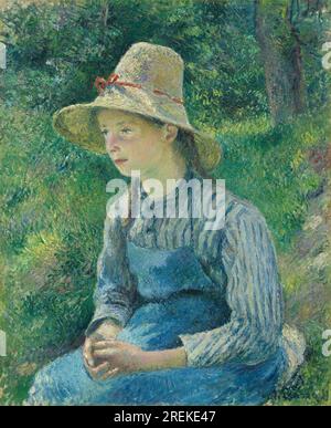 Title: Peasant Girl with a Straw Hat Creator: Camille Pissarro Year: 1881 Content: A portrait of a peasant girl wearing a straw hat. The girl is standing in a field of wheat. She is holding a basket in her arms. The background of the painting is a blue sky. Dimensions: 73.34 × 59.53 cm  Medium: Oil on canvas Location: National Gallery of Art, Washington, D.C. Stock Photo