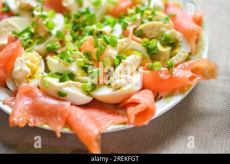 Salmon and eggs breakfast sandwich fast food cut in half copy space food backgrounds Stock Photo
