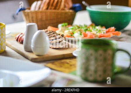Copy space food background, set table morning breakfast Stock Photo