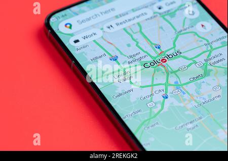 New York, USA - July 21, 2023: Map of traffic jams in Columbus on smartphone screen close up view Stock Photo