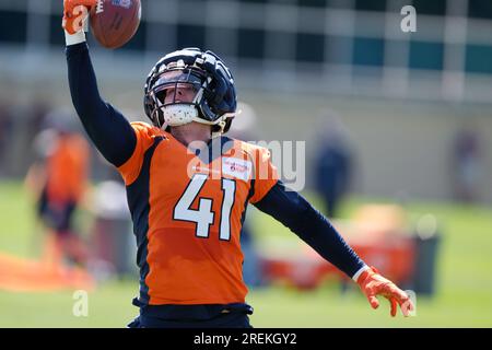 Denver Broncos linebacker Drew Sanders (41) runs against the Los Angeles  Rams of an NFL football game Saturday, Aug 26, 2023, in Denver. (AP  Photo/Bart Young Stock Photo - Alamy