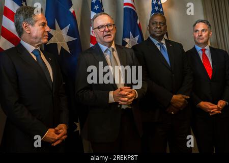 Brisbane, Australia. 28th July, 2023. Australian Prime Minister Anthony Albanese, 2nd left, remarks before the 33rd annual Australia-United States Ministerial Consultations, July 28, 2023 in Brisbane, Australia. Standing from left: U.S Secretary of State Antony Blinken, Australian Prime Minister Anthony Albanese, U.S. Secretary of Defense Lloyd J. Austin III and Australian Minister of Defense Richard Marles. Credit: Chad McNeeley/DOD/Alamy Live News Stock Photo