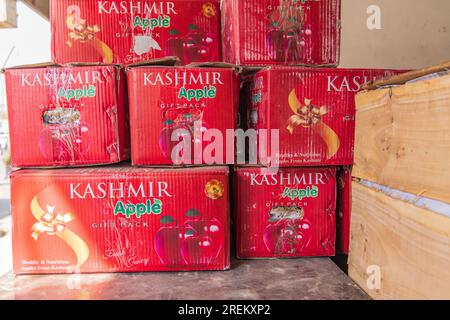 Berna Bugh, Kangan, Jammu and Kashmir, India. October 27, 2022. Boxes of fresh apples in Jammu and Kashmir. Stock Photo