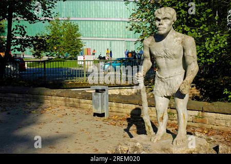 Neanderthal statue, in front of Neanderthal Museum, Mettmann, North Rhine-Westphalia, Germany, Neandertal Museum, Neanderthal Museum Stock Photo