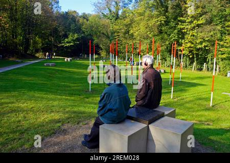 Visitors listen to audio guide, Neanderthal Museum, Mettmann, North Rhine-Westphalia, Germany, Neandertal Museum Stock Photo