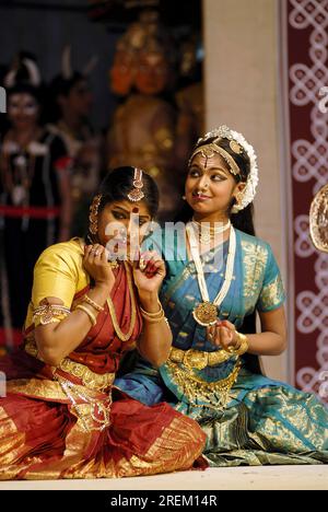 Bharatanatyam, dance drama, in Natiyanjali at Perur temple, Coimbatore, Tamil Nadu. Bharatanatyam originated in southern India in the state of Stock Photo