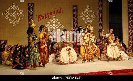 Bharatanatyam, dance drama, in Natiyanjali at Perur temple, Coimbatore, Tamil Nadu. Bharatanatyam originated in southern India in the state of Stock Photo