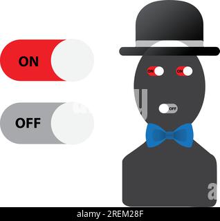Silhouette of a person with on and off buttons at his eyes and mouth Stock Vector
