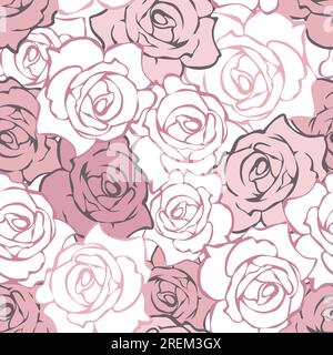 Floral pattern with rose flowers. Pink and white roses contours. Vector seamless background Stock Vector