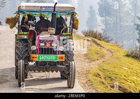 Goja Thaji, Khansahib Tehsil, Jammu and Kashmir, India. Tractor on a road in Jammuu and Kashmir. Stock Photo