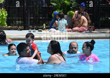 New York, USA. 28th July, 2023. People swim at the Dry Dock public pool in lower Manhattan as temperatures reached above 90 degrees, New York, NY, July 28, 2023. (Photo by Anthony Behar/Sipa USA) Credit: Sipa USA/Alamy Live News Stock Photo