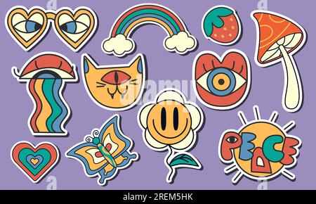 Peaceful stickers set in retro groovy style Stock Vector