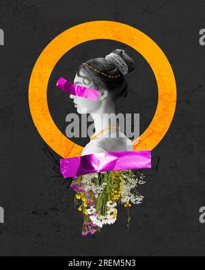Profile portrait of young beautiful woman, royal person, princess over dark background with abstract elements. Contemporary art collage. Stock Photo