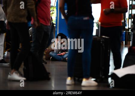 Bogota, Colombia. 28th July, 2023. People wait for their departure at Bogota's El Dorado International Airport in Colombia, July 28, 2023. Photo by: Sebastian Barros/Long Visual Press Credit: Long Visual Press/Alamy Live News Stock Photo