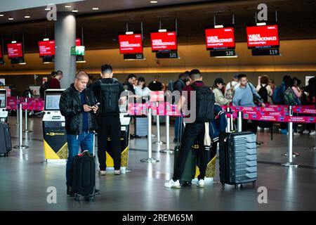 Bogota, Colombia. 28th July, 2023. People check-in at an Avianca counter at Bogota's El Dorado International Airport in Colombia, July 28, 2023. Photo by: Sebastian Barros/Long Visual Press Credit: Long Visual Press/Alamy Live News Stock Photo