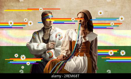 Two women, medieval persons sitting with rainbow elements meaning support of lgbt community. Contemporary art collage. Stock Photo