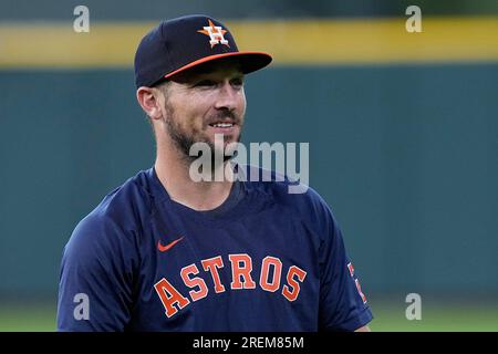 Philadelphia Phillies pitcher Aaron Nola smiles after talking with Houston  Astros third baseman Alex Bregman before a baseball game Saturday, April  29, 2023, in Houston. (AP Photo/David J. Phillip Stock Photo - Alamy