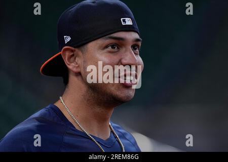 Houston Astros' Mauricio Dubon smiles during batting practice before a  baseball game against the Chicago Cubs Tuesday, May 16, 2023, in Houston.  (AP Photo/David J. Phillip Stock Photo - Alamy