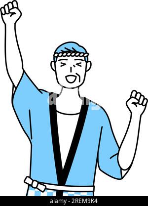 Senior man wearing Happi coat for summer festivals raising his hand in ...