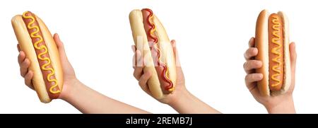 Collage with photos of people holding tasty hot dogs on white background, closeup Stock Photo