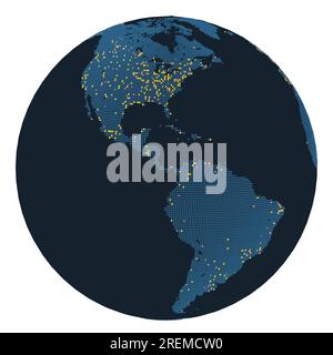 A round globe-style map of the United States and South America, with large cities highlighted by stylized dots., 3d rendering Stock Photo