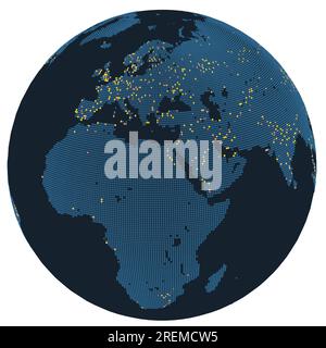 A round globe map of Europe and Africa with big cities highlighted in stylized dots., 3d rendering Stock Photo
