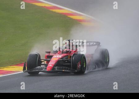 Stavelot, Stavelot. 28th July, 2023. Ferrari's Monegasque driver Charles Leclerc competes during the qualifying session of Formula 1 Belgian Grand Prix 2023 at the Circuit of Spa-Francorchamps, in Stavelot, Belgium on July 28, 2023. Credit: Zheng Huansong/Xinhua/Alamy Live News Stock Photo