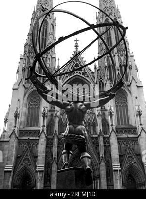 New York, New York:  c. 1937 The backside of the statue of Atlas at the International Building in Rockefeller Center facing St. Patrick's Cathedral in Manhattan. Stock Photo