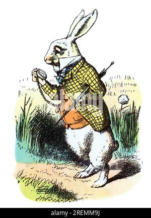 White Rabbit Late Alice in Wonderland colored Tenniel illustration Stock Photo