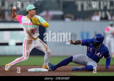 San Diego Padres' Ha-Seong Kim batting during the second inning of a  baseball game against the San Francisco Giants, Friday, July 8, 2022, in  San Diego. (AP Photo/Gregory Bull Stock Photo 