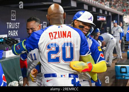 ATLANTA, GA – MAY 07: Atlanta outfielders Marcell Ozuna (20