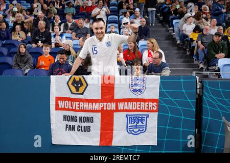 Sydney, Australia. 28th July, 2023. An England fan showing his support during the FIFA Women's World Cup 2023 Group D match between England and Denmark at Sydney Football Stadium on July 28, 2023 in Sydney, Australia Credit: IOIO IMAGES/Alamy Live News Stock Photo