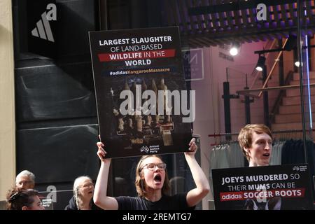 Sydney, Australia. 29th July 2023. The Animal Justice Party organised a protest outside the Adidas store at 130 Pitt Street, Sydney to protest against the slaughter of kangaroos used for the leather in some adidas shoes. They want Adidas to follow Nike and Puma who have already announced that they will no longer use kangaroo skin in their football (soccer) boots. Credit: Richard Milnes/Alamy Live News Stock Photo