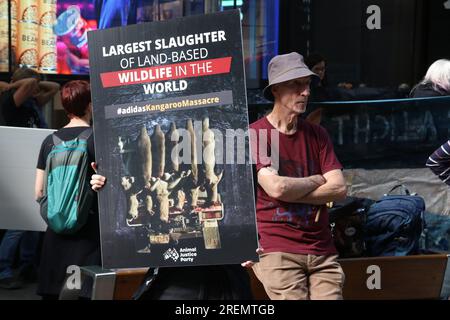 Sydney, Australia. 29th July 2023. The Animal Justice Party organised a protest outside the Adidas store at 130 Pitt Street, Sydney to protest against the slaughter of kangaroos used for the leather in some adidas shoes. They want Adidas to follow Nike and Puma who have already announced that they will no longer use kangaroo skin in their football (soccer) boots. Credit: Richard Milnes/Alamy Live News Stock Photo