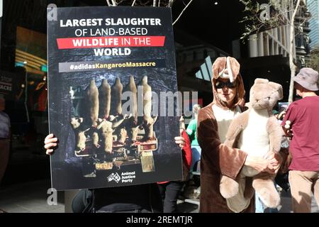 Sydney, Australia. 29th July 2023. The Animal Justice Party organised a protest outside the Adidas store at 130 Pitt Street, Sydney to protest against the slaughter of kangaroos used for the leather in some adidas shoes. They want Adidas to follow Nike and Puma who have already announced that they will no longer use kangaroo skin in their football (soccer) boots. Credit: Richard Milnes/Alamy Live News Stock Photo