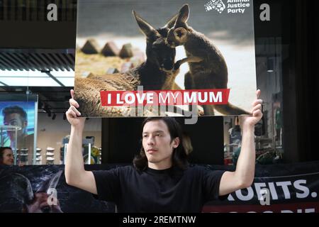 Sydney, Australia. 29th July 2023. The Animal Justice Party organised a protest outside the Adidas store at 130 Pitt Street, Sydney to protest against the slaughter of kangaroos used for the leather in some adidas shoes. They want Adidas to follow Nike and Puma who have already announced that they will no longer use kangaroo skin in their football (soccer) boots. Credit: Richard Milnes/Alamy Live News Stock Photo