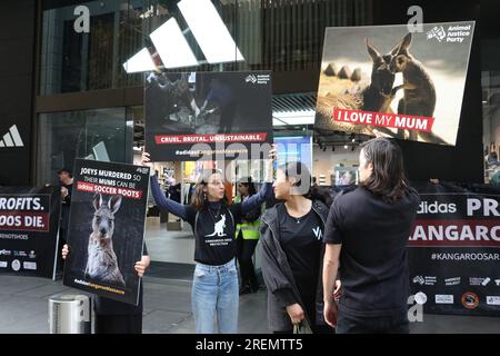 Sydney, Australia. 29th July 2023. The Animal Justice Party organised a protest outside the Adidas store at 130 Pitt Street, Sydney to protest against the slaughter of kangaroos used for the leather in some adidas shoes. They want Adidas to follow Nike and Puma who have already announced that they will no longer use kangaroo skin in their football (soccer) boots. Credit: Richard Milnes/Alamy Live News Stock Photo