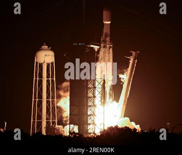 A SpaceX Falcon Heavy rocket launches the Jupiter 3/Echostar 24 communications satellite for the Hughes Network System at 11:04 PM from Launch Complex 39A at the Kennedy Space Center, Florida on Friday, July 28, 2023. Photo by Joe Marino/UPI Credit: UPI/Alamy Live News Stock Photo