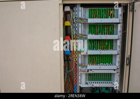 fiber network street box landline telephone wires switchboard electrical communication junction box with binding posts and wires for DSL in city stree Stock Photo