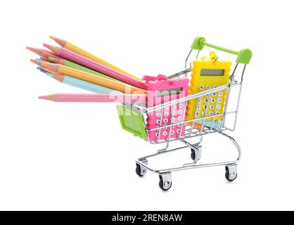 Shopping cart with school stationery on white background Stock Photo