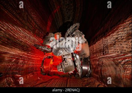 Mining machine with different saws in mineral quarry Stock Photo