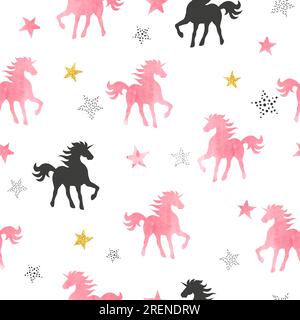 Vector seamless pattern with watercolor unicorns and stars. Stock Vector