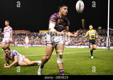 Wollongong, Australia. 29th July, 2023. Tolutau Koula of the Sea Eagles  celebrates after scoring a try during the NRL Round 22 match between the  St. George Illawarra Dragons and the Manly Warringah
