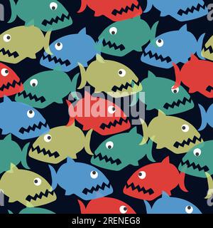 Seamless colorful cartoon piranha pattern. Vector fish background. Stock Vector