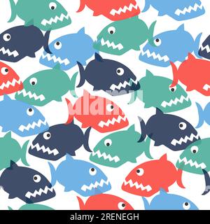 Seamless colorful cartoon piranha pattern. Vector childish fish background. Stock Vector