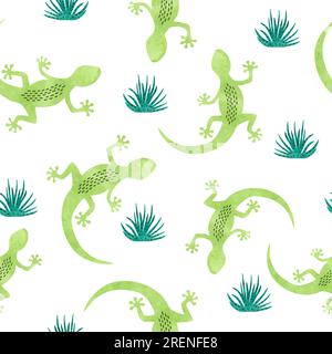 Seamless pattern with green watercolor lizard. Stock Vector