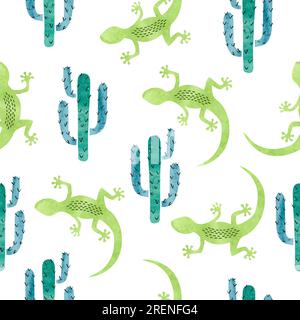 Vector hand drawn seamless pattern with green watercolor lizard and cactus. Stock Vector