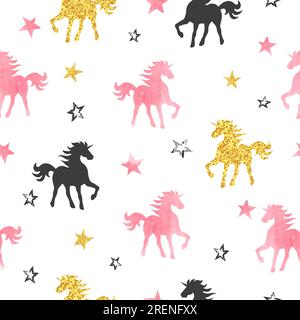 Seamless unicorn pattern. Vector background with watercolor unicorns and stars. Stock Vector
